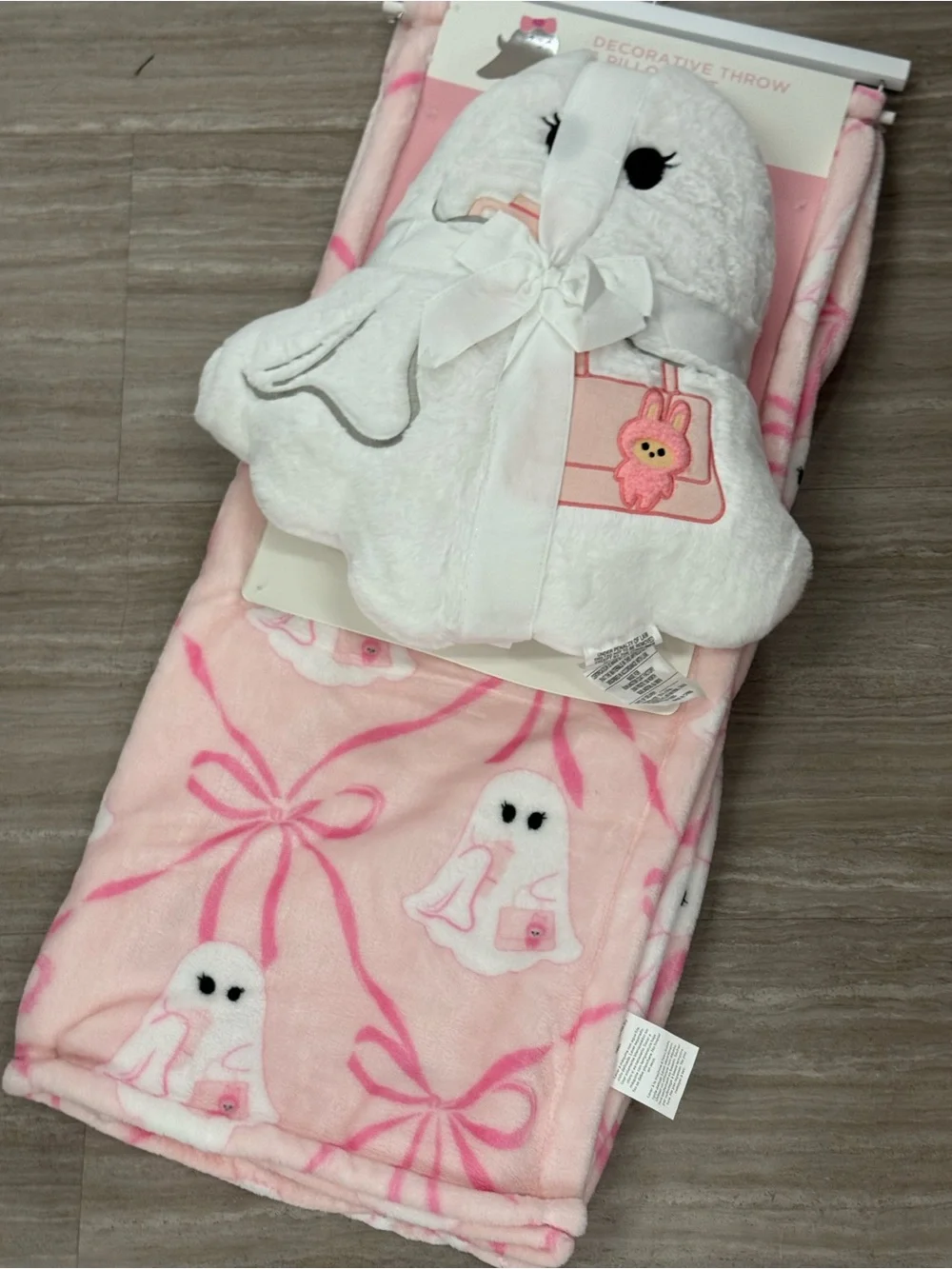 Pink Ghost & Ribbon Plush Decorative Throw and pillow
